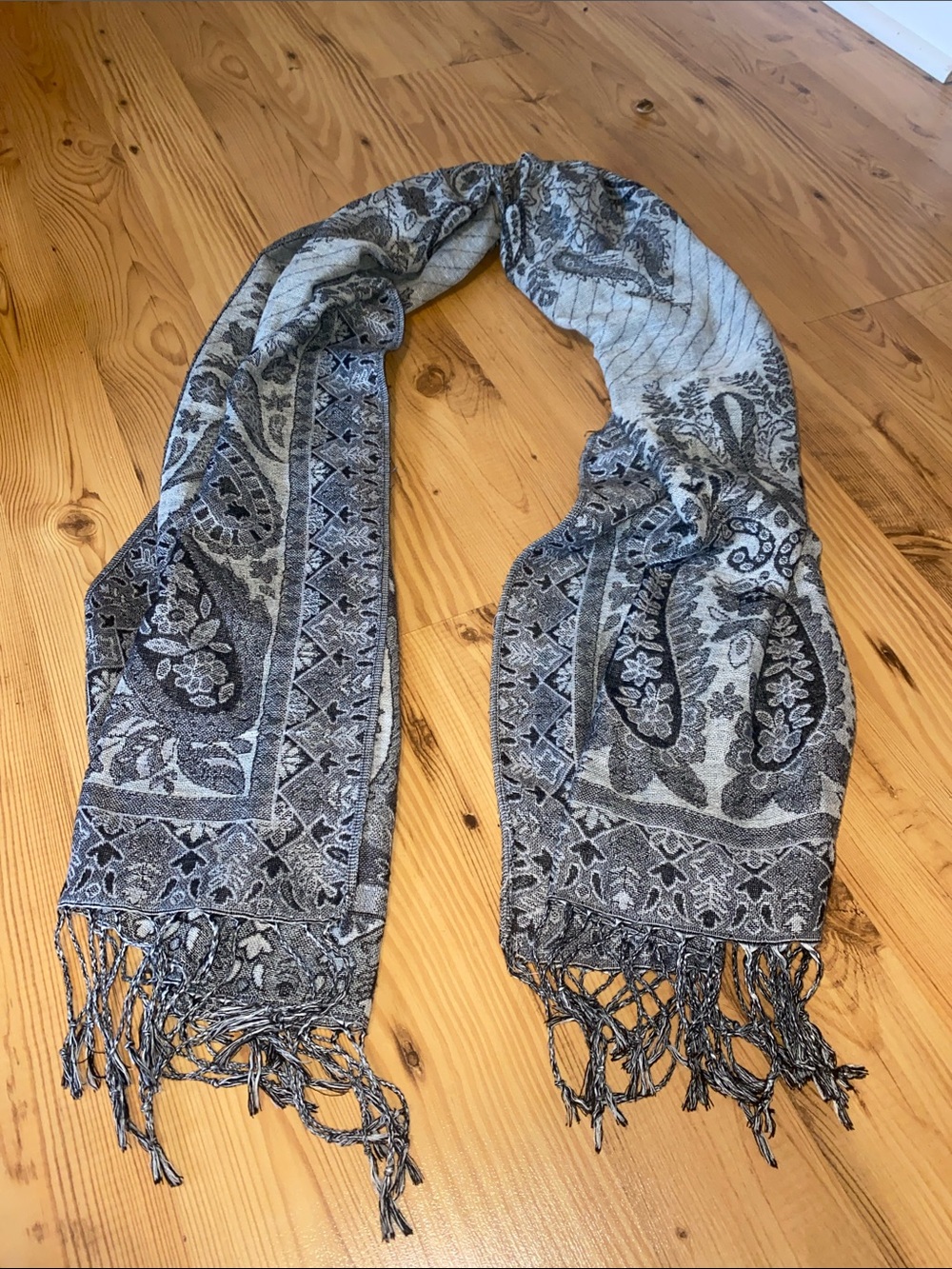 Gray Paisley Fringe Scarf